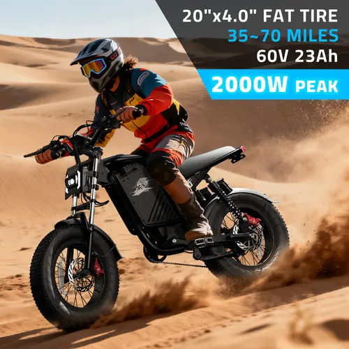 YOULON Adult High Power Fat Tire Off-Road E-Bike - 2000W Peak Output, 60V 23Ah Battery, 35-70 Mi Range, 20"x4.0" Tires, 31MPH Full Suspension, Stainless Steel, Upgraded Hydraulic Brakes, Hassle-Free Service for Adventure, Trail Riding