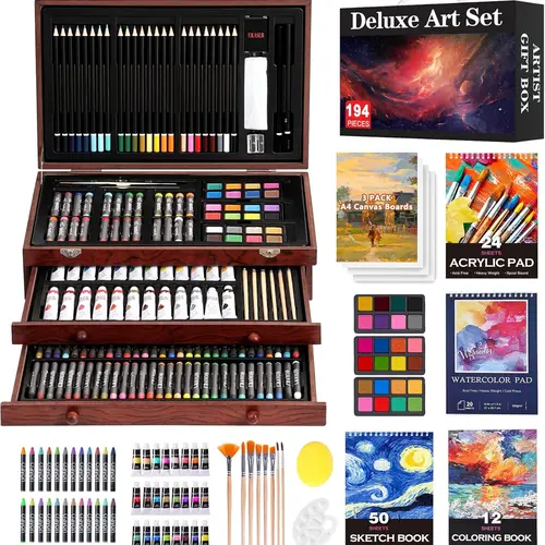 194 Piece Deluxe Art Set, Painting Drawing Art Supplies with 4 Drawing Pads, Acrylic Paints, Crayons, Colored Pencils Set in Wooden Case, Art Set for Kids, Teens, Adults, Artists, Beginners, Gift for Birthdays, Back to School, #sohochic