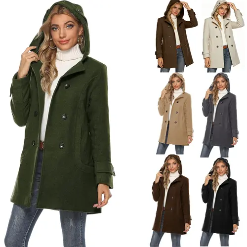 Yeokou Women's Chic Elegant Hooded High Neck Double-Breasted Button Wool Blend Pea Coat - Long-Sleeve Above-Knee Casual Outerwear Jacket with Pockets for Dating, Work,sohochic