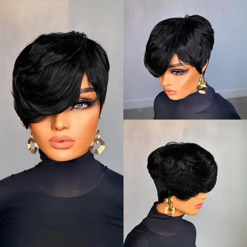ShowReal Short Pixie Cut Wig Brazilian Virgin Human Hair With Bangs Full Machine Ready To Go Glueless Wig