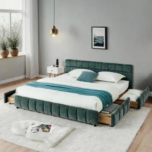 Niccae King Size Modern Upholstered Bed Frame - Beige Foam Chenille Fabric, Solid Frame, Headboard, Storage Drawer, Assembly Required (68''x86.5''x23.5'', 88.5''x85.5''x31''),sohochic