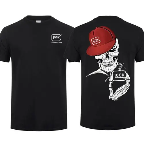 Men's Fitted Cut 2-Sided Short-Sleeve Round Neck Cotton Tee - Skull Holding Glock Logo, Bold Graphic Print, Instant Edge Casual Streetwear, Unisex Tactical Gun Lover Top, Men's Graphic Tees, Skull Print,sohochic