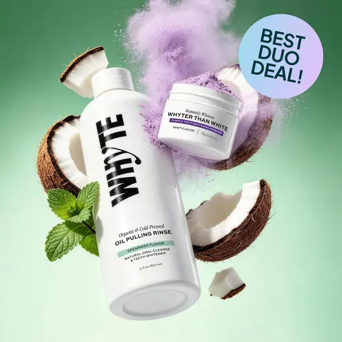 WHYTE Organic Oil Pulling Rinse & Purple Teeth Whitening Powder Duo, Adult Oral Care Gentle Detox Mouthwash Teeth Whitening Stain Remover with Menthol, Sodium Bicarbonate, Peppermint, Fluoride-Free (No Hydroxyapatite, Peroxide)