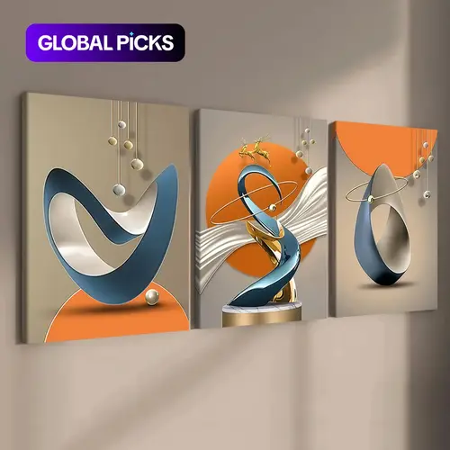 3-Piece Abstract Geometric Art Canvas Prints with Solid Wood Frames, High-Definition Waterproof Vibrant Wall Artwork for Living Room and Hallway, Contemporary Home Decor, Artwork for Walls, Modern Abstract Art #GLOBAL PICKS