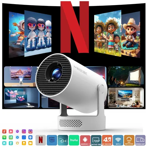 Outdoorfun Mini HY300Pro+ Projector with 8K/4K/1080P Decode 290ANSI Lumens Auto Keystone Correction Dual-Band WiFi6 & Bluetooth5.4 Android 14 1280x720P for Home Cinema Portable Movie Theater Gift #SohoChic