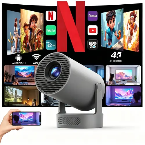 Potable HY300Pro+ Projector with 4K Decode 290ANSI Auto Keystone Correction Dual-Band WiFi6 & Bluetooth5.4 Android 14 1280x720P for Home Cinema Portable Movie Theater Gift - Audio Outdoorfun #SohoChic