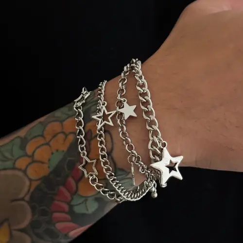 Men's Hip Hop Style Hollow Out Star Stackable Fashion Bracelet Set, Casual Vintage Design Daily Party Metal Bracelets Gift, Layered Bracelet Set, Stacking Bracelet