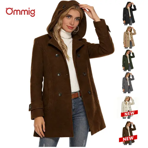 Ommig Women's Elegant Solid Long Sleeve Double-Breasted Wool Pea Coat with Hood Casual Outerwear with Polyester Blend for Autumn, Winter,summerwins,sohochic
