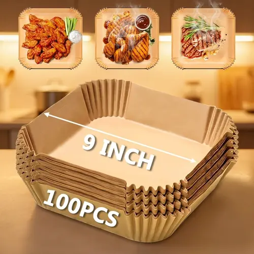 After Sunrise Air Fryer Paper Liners - 100Pcs Bleach-Free Parchment Paper Squares, Non-Stick Square Shape Multi-Use Kitchen Accessories for Microwave (6.3IN)