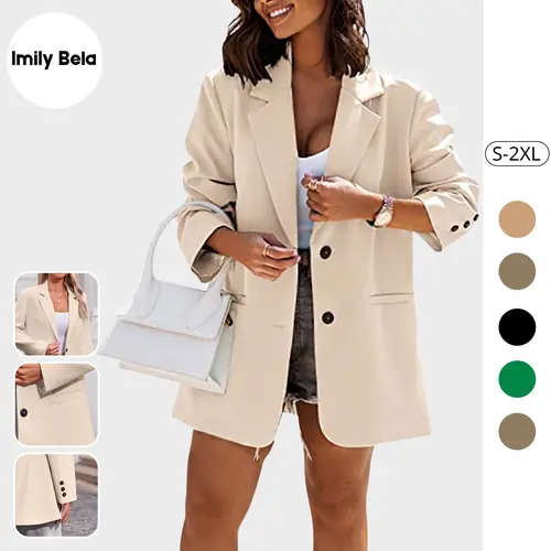Imily Bela Women Casual Oversized Blazers Lapel Button Down Solid Work Office Blazer Jacket