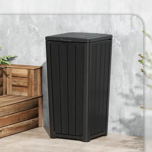 23gal Large Outdoor Garden Bin with Lid, Waterproof Vertical Stripe Black Garbage Can, UV-Resistant Single Unit for Patio Courtyard, Garbage Cans for Kitchen Waste Storage