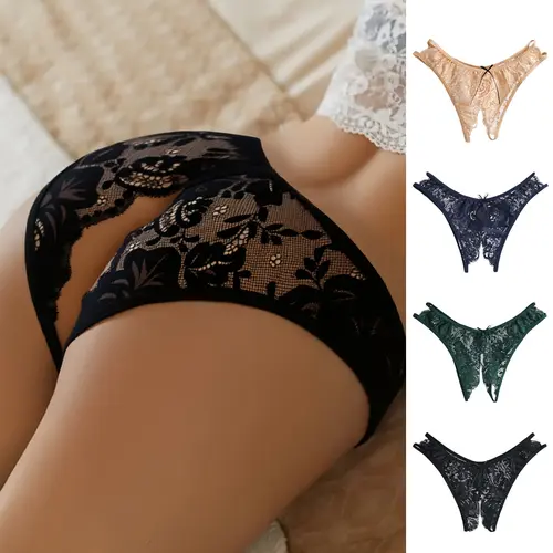 Hotcom Women's 4-Pack Crotchless Floral Panties - Polyamide-Elastane Mix Curve-Enhancing Lingerie, Statement Look, Sexy Home & Spring Wear for Couples, Lady Underwear for Women, Girly Feminine Items