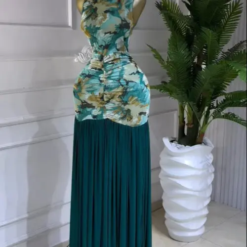 PULKRITU Women's Printed Ruched Bodycon Fit Long Evening Dress, Holiday Party Gown, Elegant Chic Formal Wear, Prom Evening Gown, Sleeveless Dress, Fitted Bodycon Dress, Elegant Fashion Dress