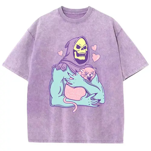 Urban Funny Skull Cat Unisex Summer outfits men streetwear 80s 90s graphic tees cotton funny washed tshirt men gifts