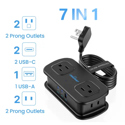 POWSAF 4 Ft Travel Power Strip Sockets - 4 Outlets, 3 USB Ports (2 USB C) Fast Charger, No-Surge Extension with Cord Wrap & Strap, Cruise Essentials for Hotel & Travel Use ol