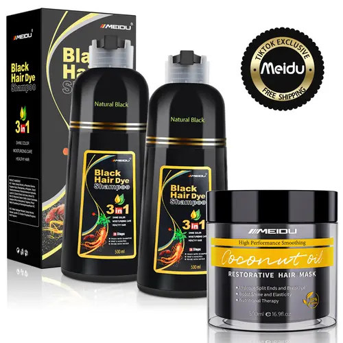 MEIDU 3-in-1 Hair Dye Shampoo & Keratin Mask Haircare Set - Herbal Hair Color with Ginseng Extract, Coconut, Collagen Treatment, Moisture Boost for Color Retention,sohochic