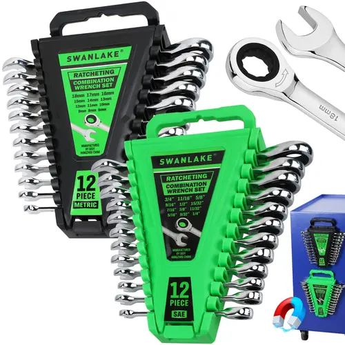 SWANLAKE Ratcheting Wrench Set, 24-Piece Metric (6-18mm/millimeters) & SAE (1/4"-3/4") Tool Kit Set with 12-Point 72-Tooth Ratchets, Thin Heads Reach Tight Spots, Magnetic Base Organizer, Chrome Vanadium Steel Car Tools for Auto Mechanics, Auto Repair