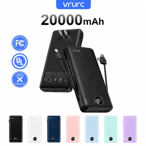 VRURC Multifunctional 20000mAh Portable Charger - 22.5W QC Fast Charging, Built-in Wall Plug, Foldable Cables, 4 Outputs, 2 Inputs, LED Display, Mobile EDC Gear for On-the-Road Use,back to school,back to school haul,sohochic