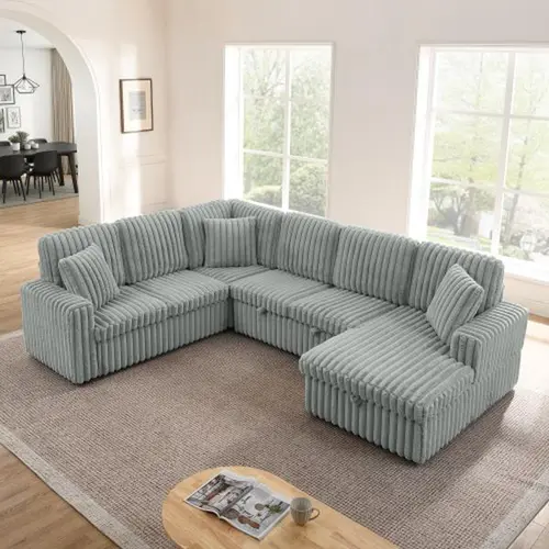 [4 Packages] Niccae Corduroy U-Shaped Sectional Sofa - Chaise Lounge Sofa, 6-Seat Pull-Out Guest Bed, Foam Cushions, Storage, Modern Minimalist Indoor Furniture for Living Room Apartments, Corduroy Sectional Sofa,dorm essentials,home decor,sohochic
