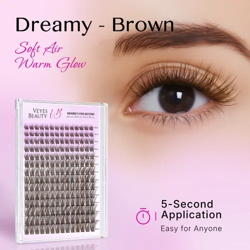 VEYESBEAUTY Dreamy-Brown PBT Fibers Volume Lashes Clusters Kit, DIY Dramatic False Eyelashes for At-Home Self Application, Brown Idol Lash Clusters False Eyelashes & Adhesives for Home Use
