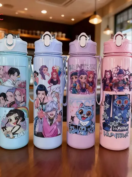 K-Pop Ghost Hunter Theme Totem Water Bottle Tumbler with Lid and Straw, 700 mL Portable Reusable Eco-Friendly Hard Plastic, Perfect for School, Travel, Halloween Parties and Daily Use, Drinkware