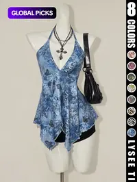 Y2K Women's Summer Butterfly Printed Sexy Hanging Neck Strap Tank Top