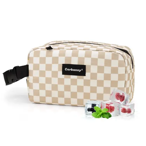 Cerbonny Women's Mini Freezable Polyester Lunch Bag - Khaki Checkerboard, 3-Can Capacity, 5x9x4 Inches, with Gel Packs, Travel Essential for Back to School, Perfect Gift