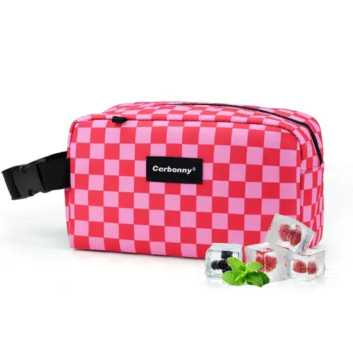 Cerbonny Women's Mini Freezable Insulated Polyester Snack Bag, Pink Checkerboard Little Cooler, 5x9x4 Inches, 3-Can Capacity, Clips to Strollers, Ideal for Snacks Milk Insulin, Back to School