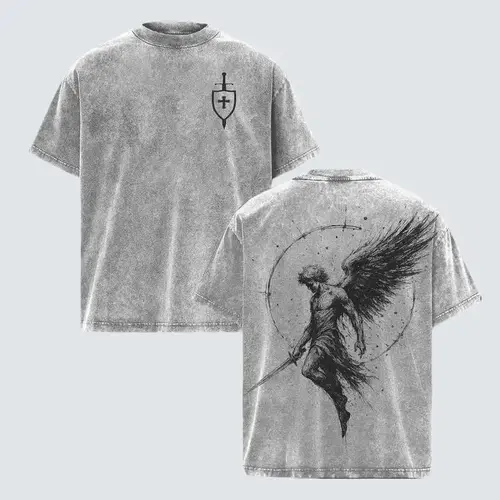 Sanctus Michael Archangelus x Flaming Sword x Shield x Scales of Justice Archangel Michael T-Shirt Acid Washed Church Outfit Gym Pump Cover ,Christian Religious , Jesus Apparel,sohochic