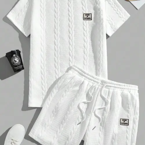 Men's 2-Piece Woven Textured Casual Outfit - Short Sleeve Round Neck Top & Loose-Fitting Above the Knee Shorts, Summer Polyester Menswear, Boyfriend Gentleman Style, Plain, Stylish, Raised Pattern