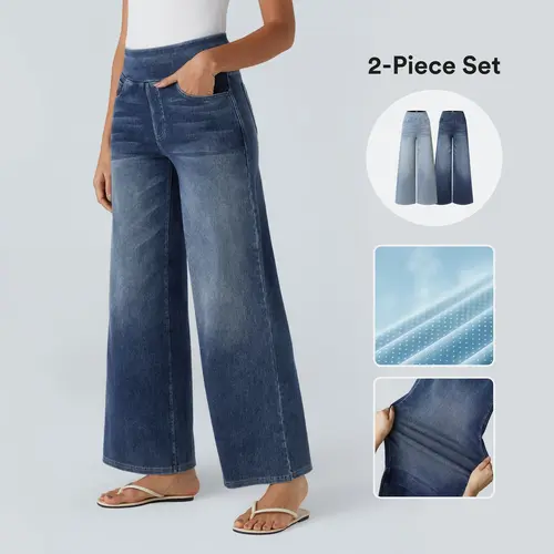 Halara 2-Piece Flex High Waisted Pockets Baggy Wide Leg Washed Casual Jeans set #BackToSchool