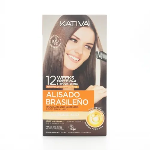 Kativa Brazilian Straightening Kit with Keratin, Aloe, Jojoba Oil - Hydrating Moisturizer for Curly Hair, Frizz Control, 12-Week Long-Lasting Smooth Results, Professional Haircare Self Care Product