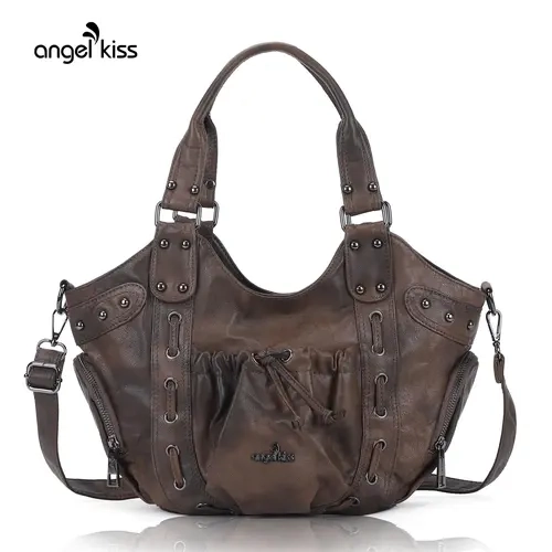Angel Kiss Women's Medium PU Leather Shoulder Tote Hobo Bag - Riveted, Retro, Spacious, Zip Closure, Everyday Hobo Bag for Daily Use, Casual Commuter Bag, Tote Bags,summerwins tiktokshopbacktoschool