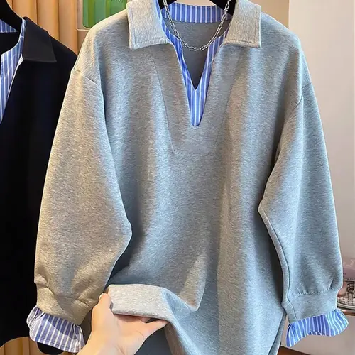 Women's Fall New Colorblock Striped Dual Layer V-Neck Fake Two-Piece Long Sleeve Oversized Loose Fit Baggy Casual Simple Basic Fashion Pullover Sweatshirt, Womenswear, Everyday Tops