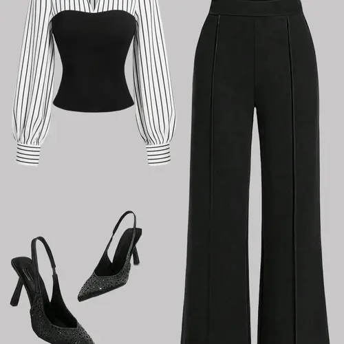 Women's Fall New Simple Elegant Style Bubble Sleeve Lapel Striped Colorblock Fitted Top Elastic Waist Loose Long Pants Set