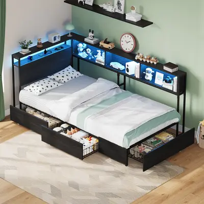 FUSOU Multifunctional Twin Size Metal Frame Bed with RGB LED Lights, 3 Storage Drawers, Bookcase Headboard with USB Port, Quiet No-Noise Design, No Box Spring Needed [FRAME ONLY NO MATTRESS], Black (for Kids/Teens)