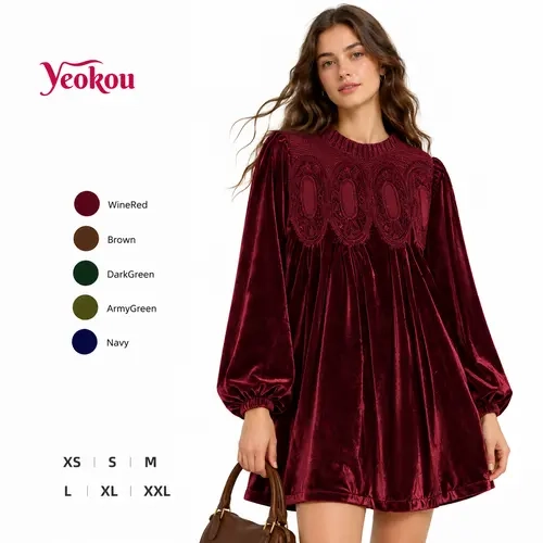 Yeokou Women's Elegant Korean Basic Velvet Long-Sleeve A-Line Flared Babydoll Dress - Scalloped/Crew Neck Options, Soft Texture, Fit for Wedding Guest, Thanksgiving, Going Out OOTD