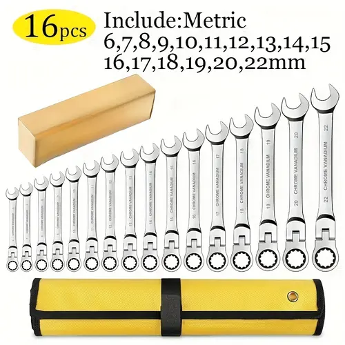 16-Piece Flex Head Ratcheting Combination Wrench Set - Chrome Vanadium Steel, 6-22mm Metric Sizes, High-Torque Durable Adjustable Manual Tool, No Assembly Needed, Bag-Packed Mechanic Tools Built for Automotive & DIY Repairs