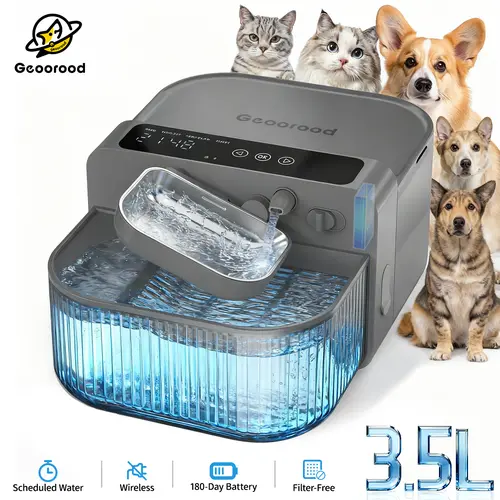 【Geoorood】Automatic Cordless Pet Water Fountain & Feeder - 180-Day Rechargeable Battery, 3.5L+2L Tanks, Stainless Steel Bowl, Wastewater Separation, Filter-Free, Self-Refilling Keeps Bowls Ready, Always Fresh Water, for Cats & Dogs