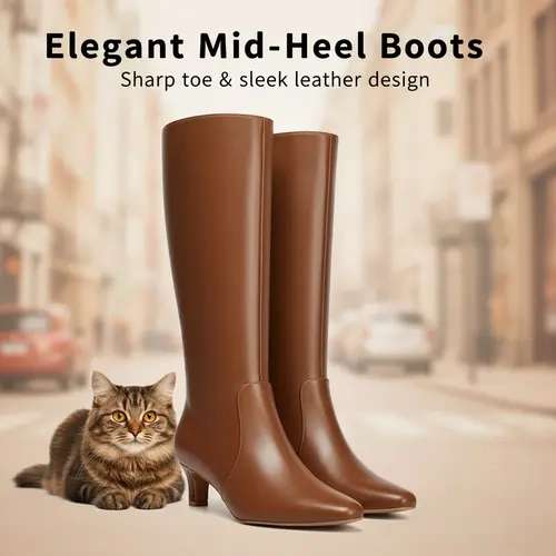 Mysoft Women's Black PU Party Knee-High Boots - Square Toe, Kitten Heel, Side Zipper, Synthetic Fabric, All-Seasons Walking Footwear, Elegant Valentine's Day Gift Option,sohochic