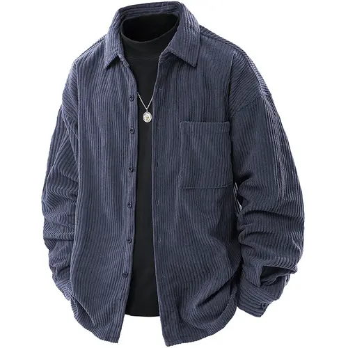 Men's Fitted Heavy Corduroy Striped/Solid-Color Button-Front Pocket Long-Sleeve Shirt - Tops, Streetwear Clothing, Workday Ready Menswear for Autumn Winter Casual Wear (Beige, Green, Navy Blue, Dark Grey)
