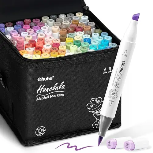 Ohuhu Markers: Dual Tips - 104 Colors / 24 Colors - Double Tipped Alcohol Based Art Marker Set for Artist Adults Coloring Illustration - Acrylic / Alcohol / Sketchbook Series of Ohuhuart- Inventory Clearance