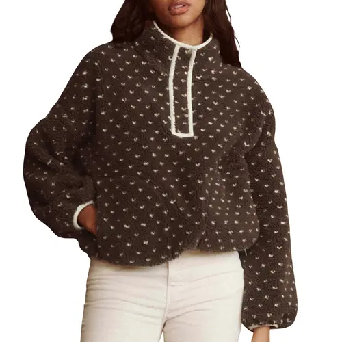 Hixiaohe Women's Cropped High-Neck Fluffy Sherpa Fleece Hoodie - Warm Casual Jacket with Pockets, Metal Snaps, Heart Check Design, Easy Layering for School Days, Hiking, Party Winter Outerwear,sohochic