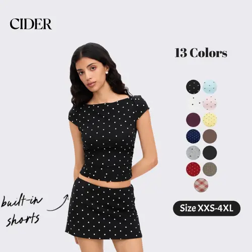 Cider 2-Piece Set Boat Neck Polka Dot Ruched Tee & Micro Mini Skort with Built-in Shorts Fashion Style Women's Summer Sets SohoChic