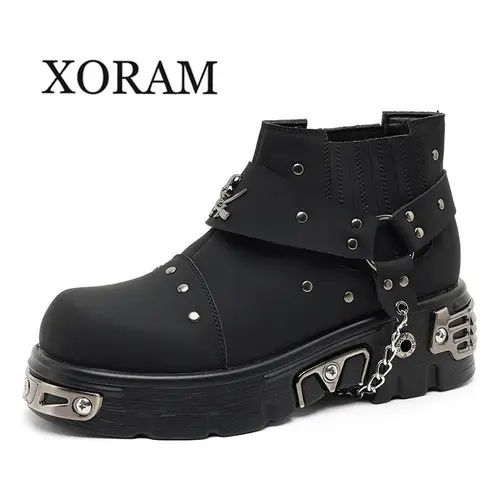 XORAM Men's Chelsea Boots – Punk Mid-Top with Metal Accents, Black Motorcycle Street Shoes for Fall Winter 561224