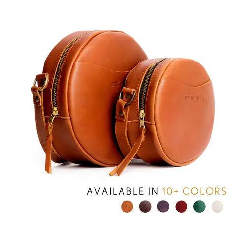 Portland Leather Circle Crossbody Bag - Round Leather Purse with Front Slip Pocket