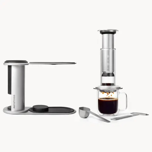 AeroPress Premium Coffee Press and Coffee Station Bundle, Glass, Stainless Steel & Aluminum Coffee Maker, All-in-One French Press, Pour-Over & Espresso Style Manual Brewer, 2 Min Brew for Less Bitterness, More Flavor, Silver