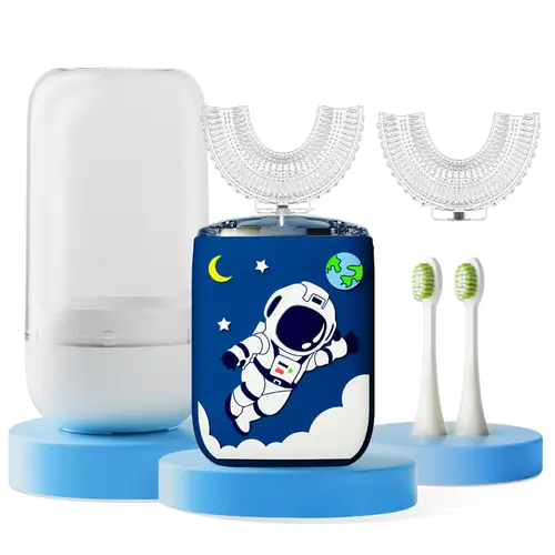 Kids U-Shaped Electric Toothbrush Set - Silicone Oral Cleansing Brush with 2 U-Shape Heads, 2 Regular Heads, and Storage Cup