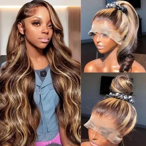 Ombre Honey Blonde 360 Lace Front Wigs Human Hair Drawstring Highlight Body Wave Lace Front Wigs Human Hair Pre Plucked 360 HD Full Lace Wig 180 Density Frontal Glueless Wigs for Women