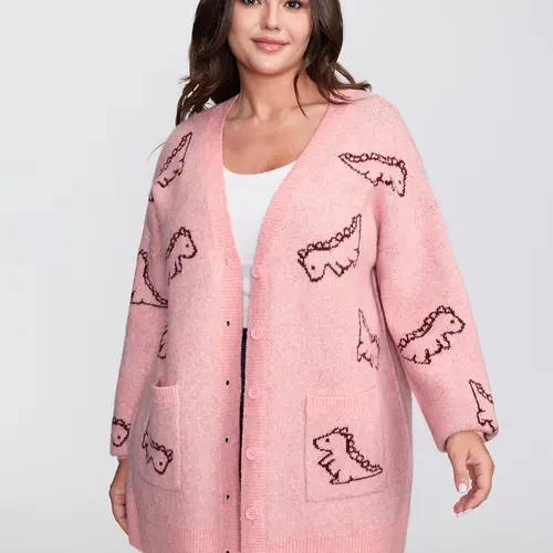 BloomChic Women's Plus Size Knit Cardigan [M-6X] - Cute Jacquard Print V Neck Sweater, Long Sleeve Relaxed Fit Layering Top with Pocket, Casual Summer Everyday Outfit,Summerfinds,back to school,back to school shopping，SohoChic